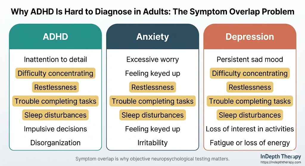 Comparison chart showing overlapping symptoms of ADHD, anxiety, and depression in adults — illustrating why checklist-based ADHD screening produces high false positive rates