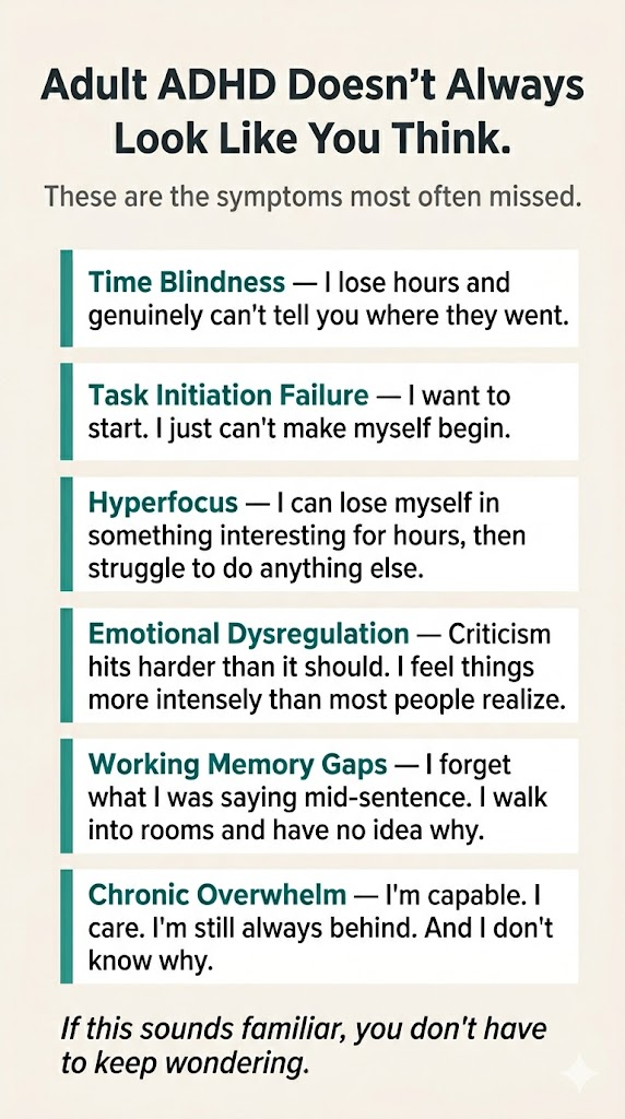 Visual card listing six commonly overlooked adult ADHD symptoms including time blindness, task initiation failure, hyperfocus, emotional dysregulation, working memory issues, and chronic overwhelm