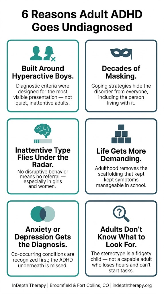 Infographic showing the six reasons adult ADHD goes undiagnosed: criteria built for boys, masking, inattentive symptoms, life demands increasing, co-occurring conditions, and not knowing what to look for